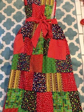 Design House vintage Patchwork Maxi Apron Dress in Red, Green, Navy